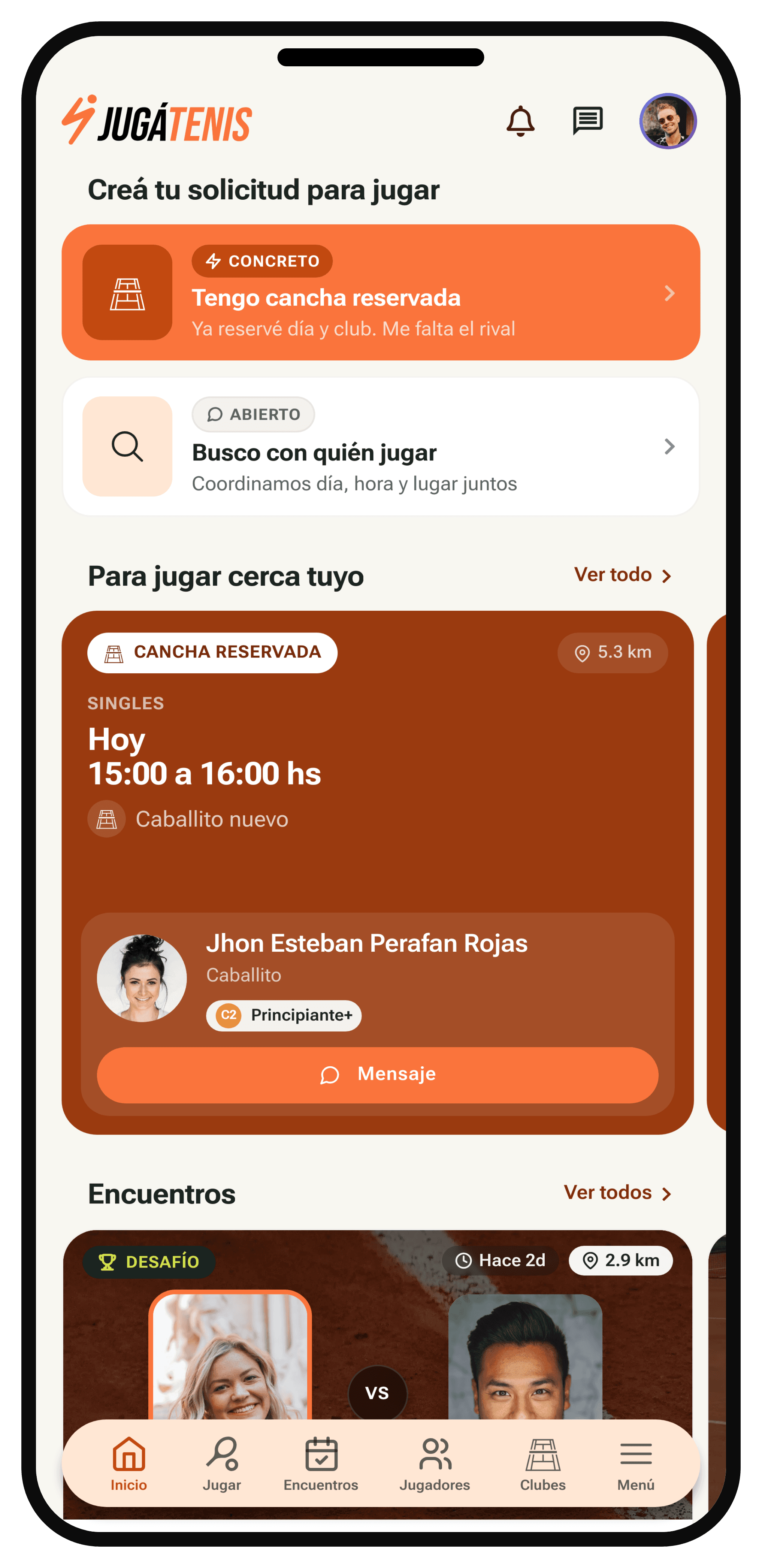 Pantalla de inicio de JugáTenis