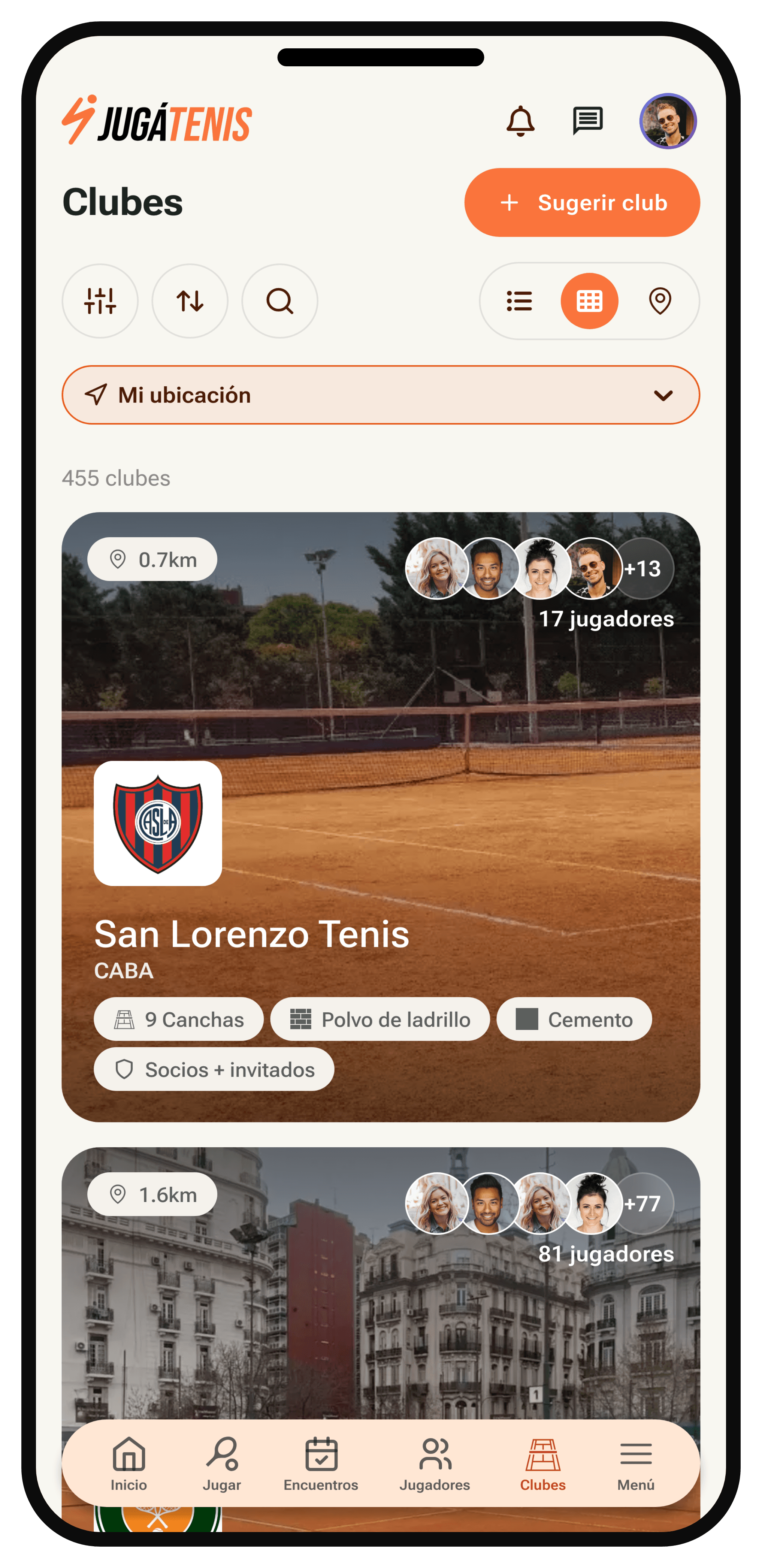 Directorio de clubes en la app