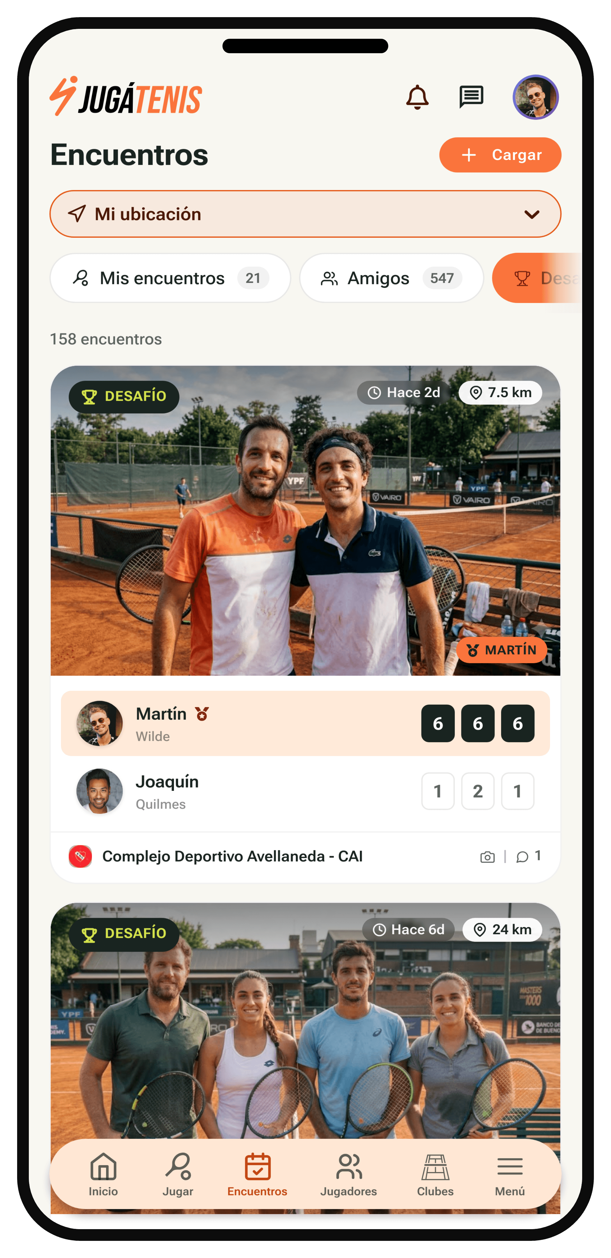 Historial de encuentros en la app